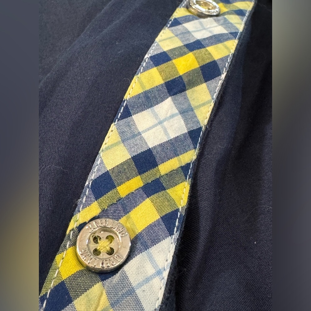 Jared Lang Button Down Navy Dress Shirt. Yellow‎ Plaid Contrast Trim. Medium. - Picture 2 of 6